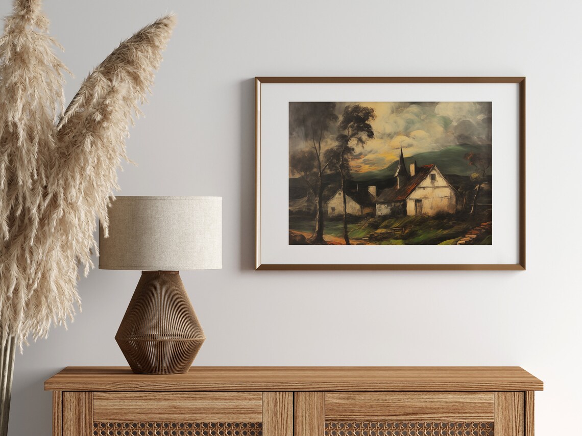 Rustic European Village Church Steeple Sunset Oil Painting Poster - Image 3