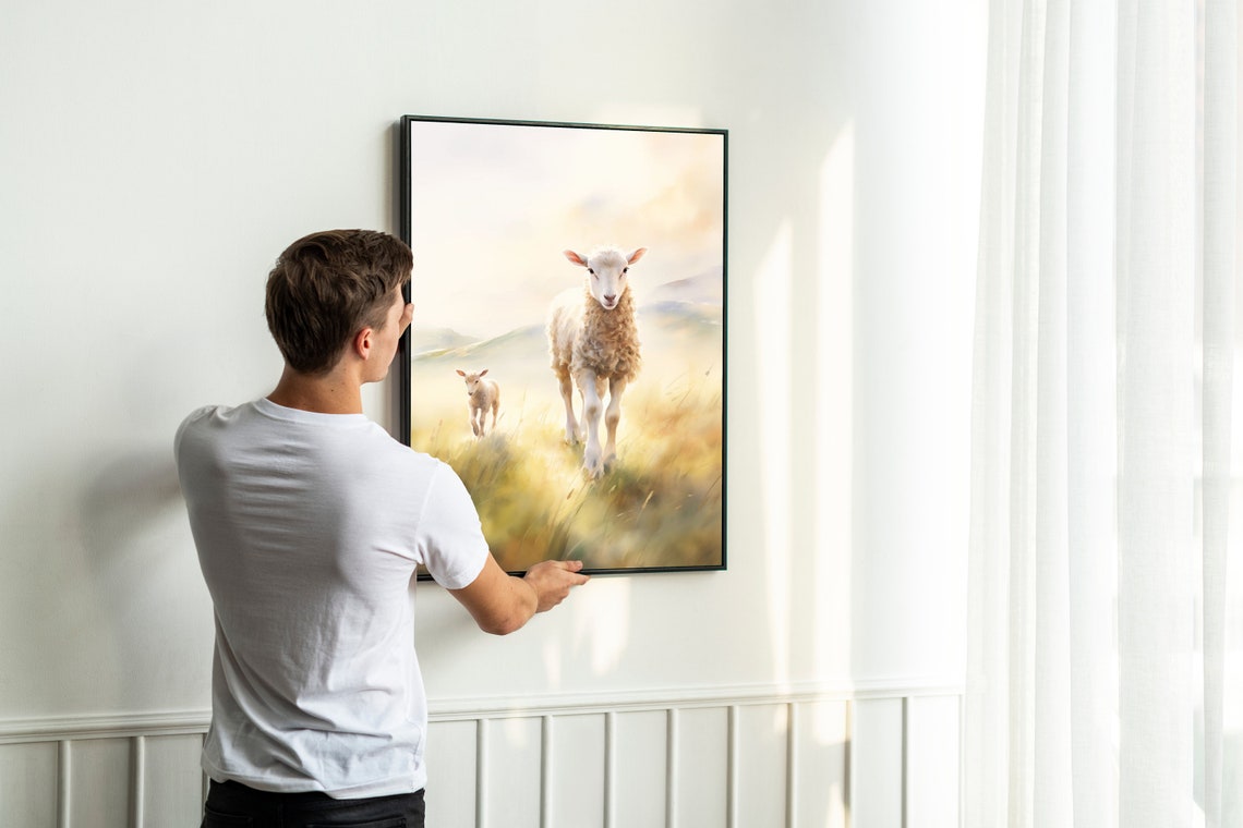 Sheep and Lamb in Sunny Meadow Watercolor Farm Animal Poster - Image 2