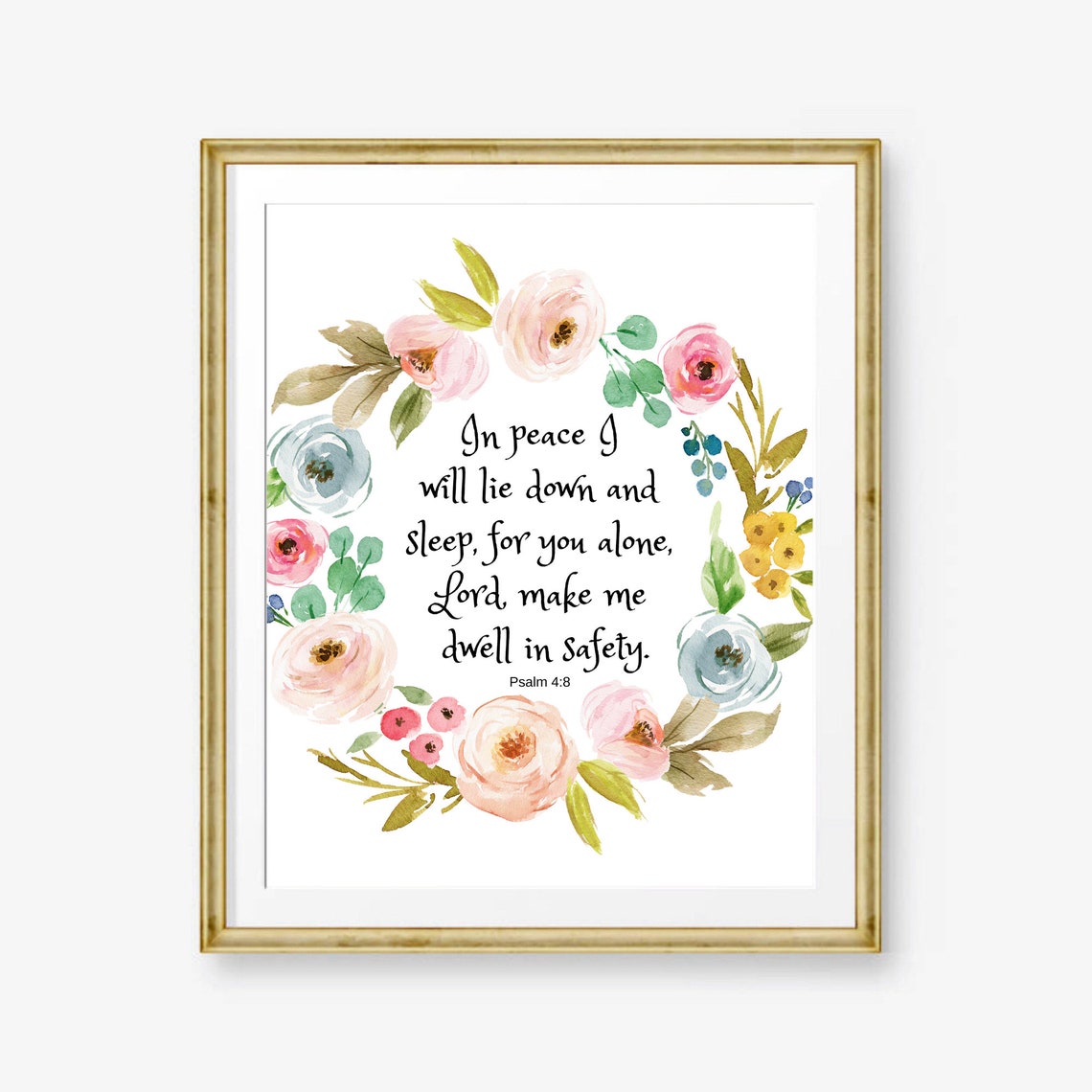 Psalm 4:8 In Peace I Will Lie Down Floral Bible Verse Wall Art