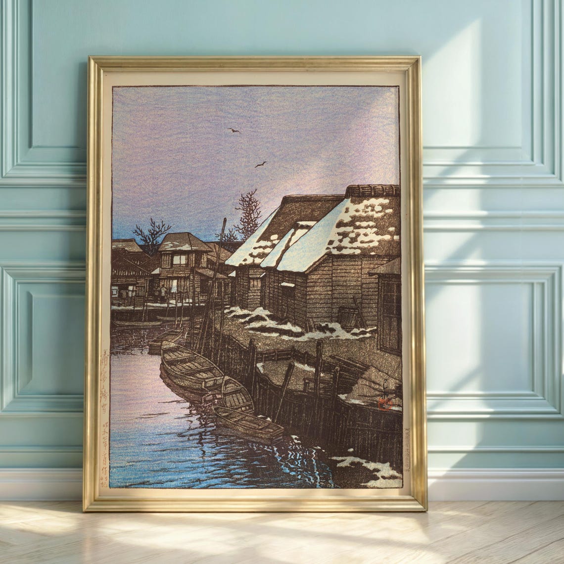 Hasui Kawase Urayasu Snowy Boats Thatched Houses Japanese Art Print