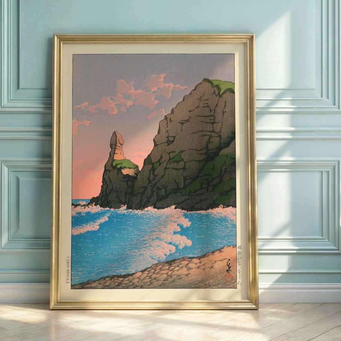 Hasui Kawase Setakamu Rocks Shiribe Coast Dusk Woodblock Poster