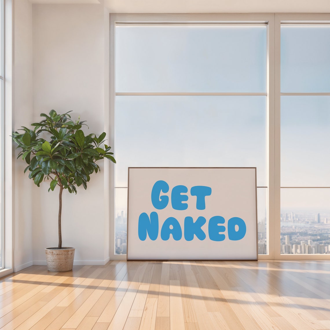 Get Naked Blue Retro Bubble Letter Bathroom Humor Quote Poster - Image 2