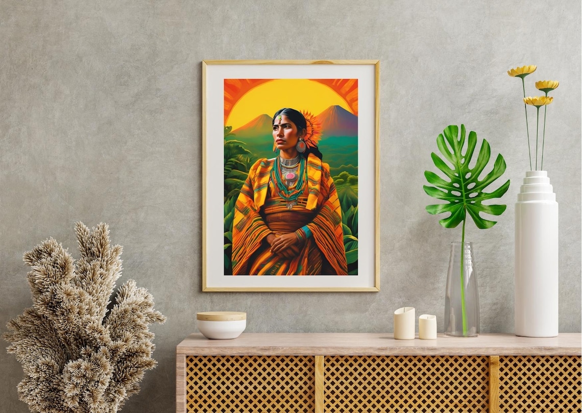 Guatemalan Woman Portrait Before Volcano At Golden Sunset Poster