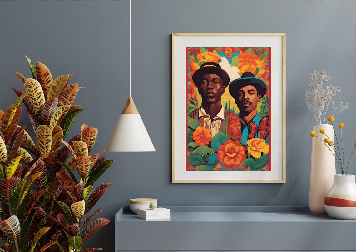 Mexican Folk Art Two Men Flowers Vibrant Gentlemen Portrait Print
