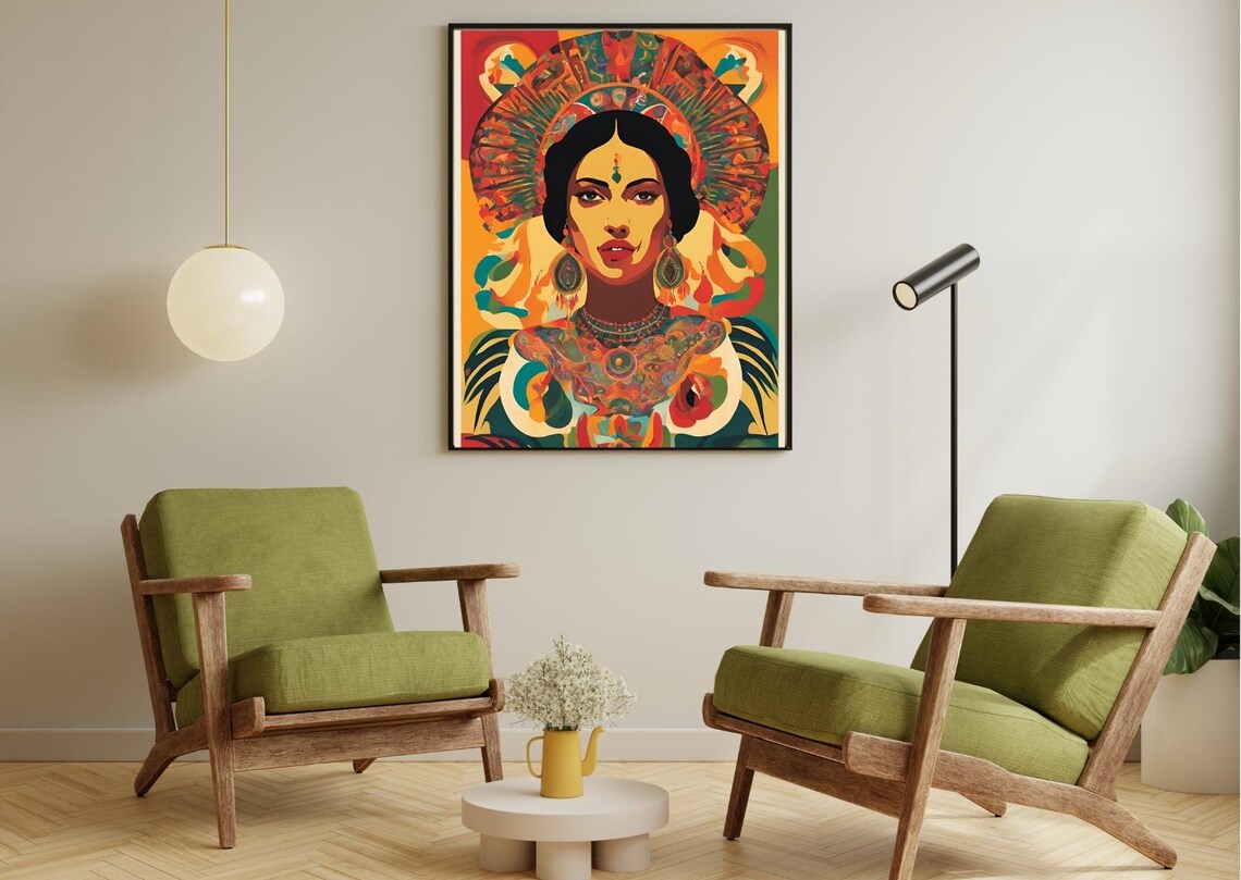 Colorful Mexican Woman Portrait With Ornate Headdress Pop Art Poster