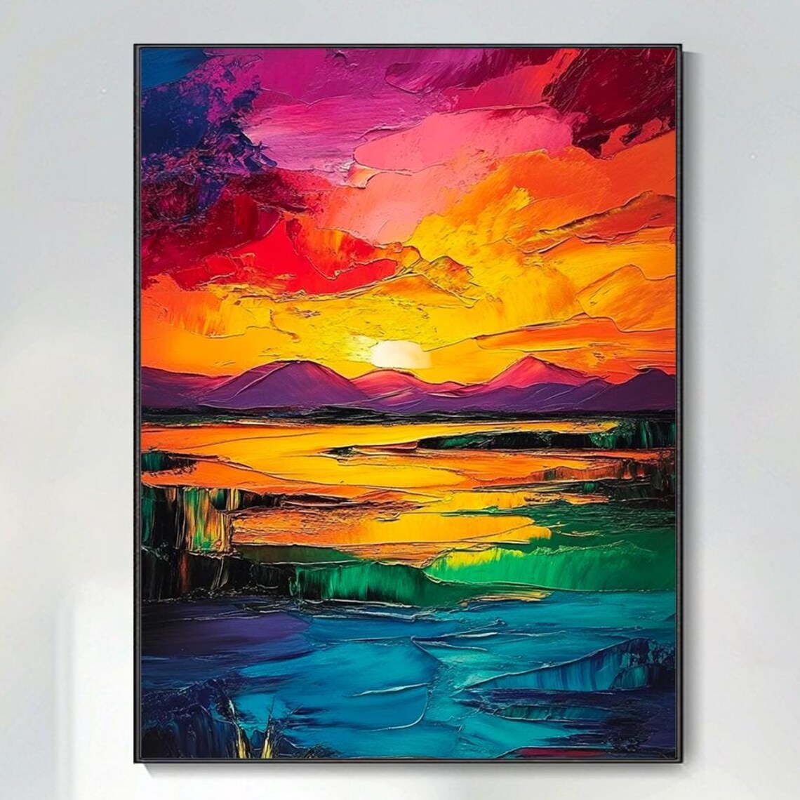 Vibrant Sunset Mountains Over Turquoise Water Abstract Art Poster