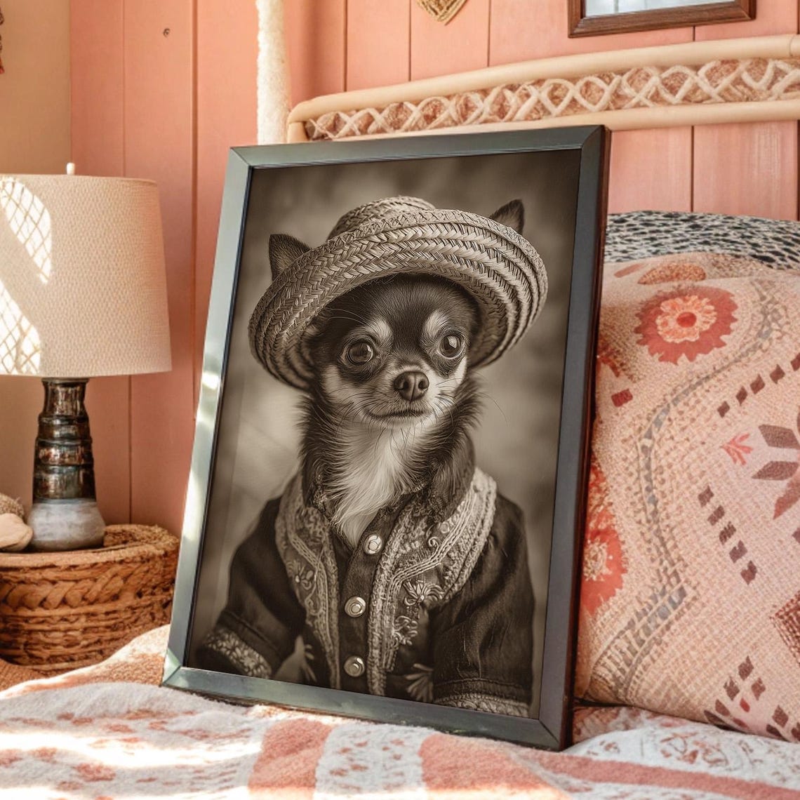 Sepia Chihuahua Poster Vintage Western Attire Straw Hat Dog Art