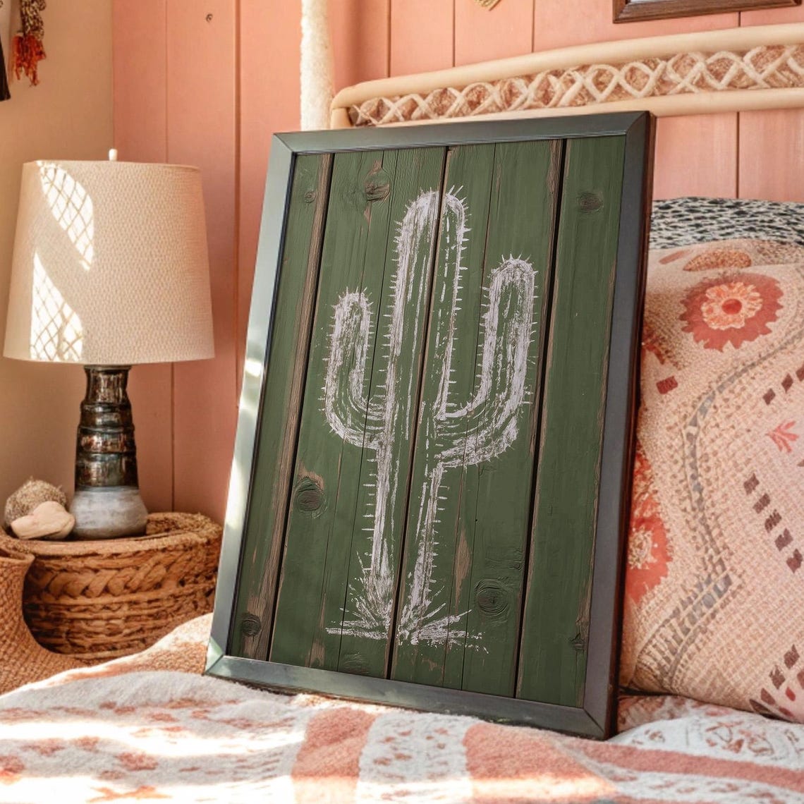 White Cactus Chalk Art On Rustic Green Wood Southwestern Wall Art