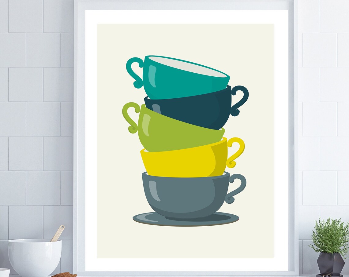 Retro Tea Cups Kitchen Art Print, Kitchen Poster