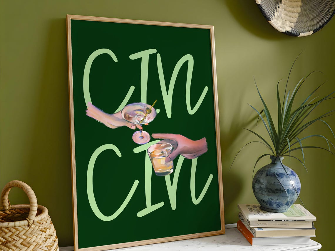 Cin Cin Cheers Green Cocktail Party Toasting Hands Retro Bar Poster