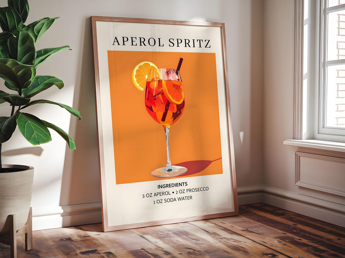 Classic Aperol Spritz Cocktail Recipe Retro Italian Bar Poster