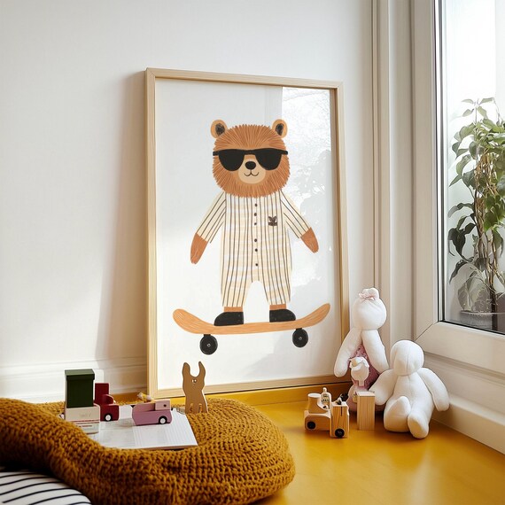 Cool Bear On Skateboard Wearing Sunglasses Nursery Kids Poster