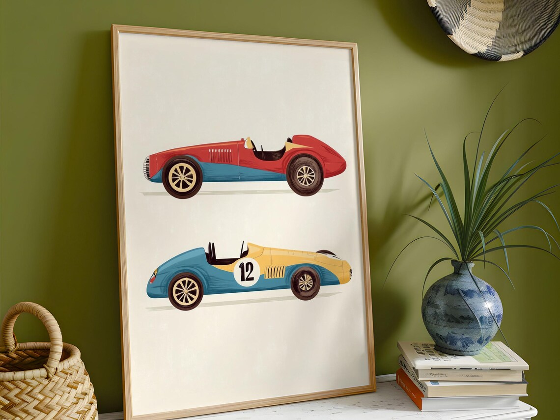 Vintage Race Cars Retro Motorsport Duo Classic Automotive Poster
