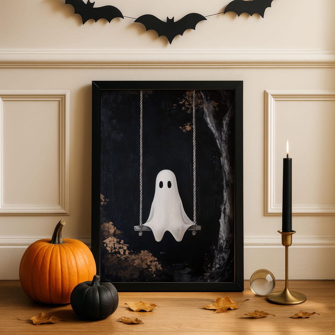 Cute Ghost on a Swing Gothic Halloween Dark Forest Art Print