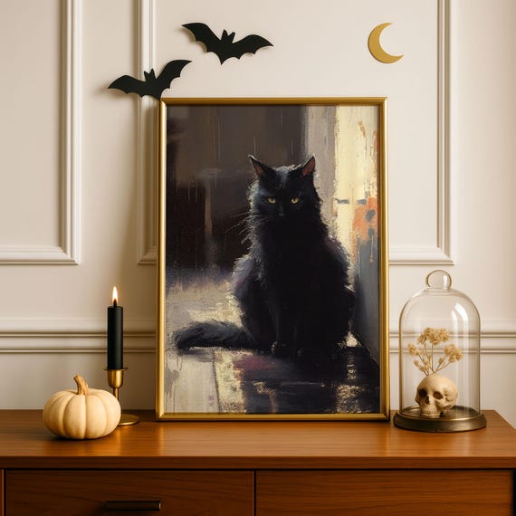 Vintage Halloween Black Cat Poster Handmade Decor For Spooky Season