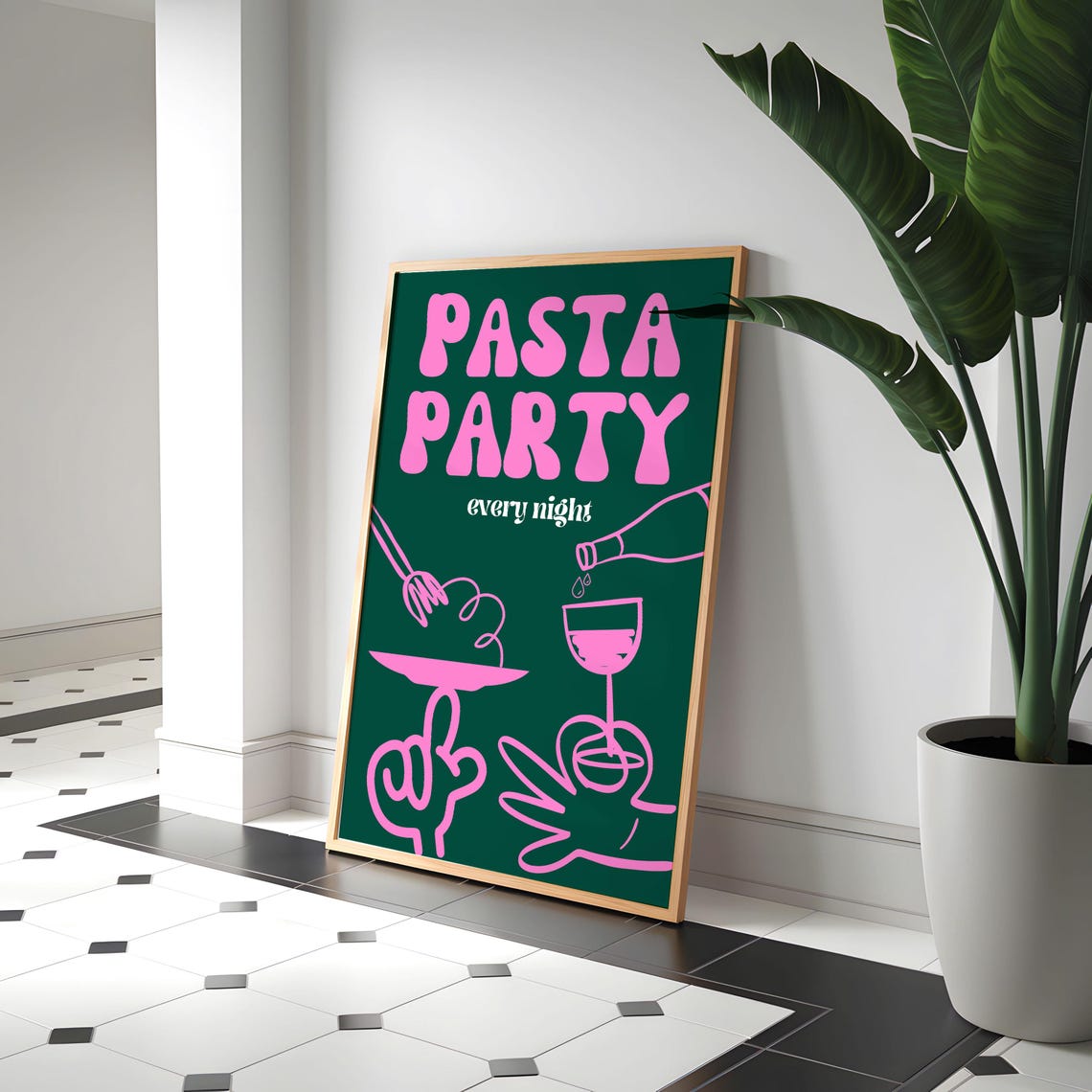 Pasta Party Every Night Retro Pink Chalkboard Italian Kitchen Poster