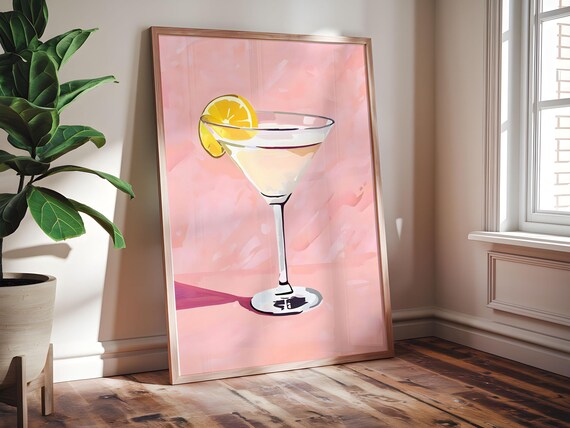 Blush Pink Martini With Lemon Slice Retro Cocktail Bar Art Poster