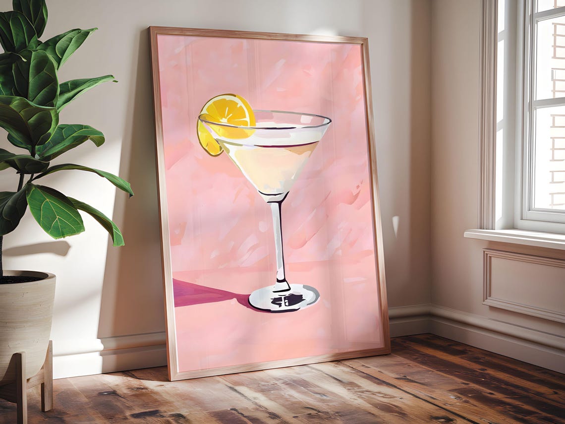 Blush Pink Martini With Lemon Slice Retro Cocktail Bar Art Poster