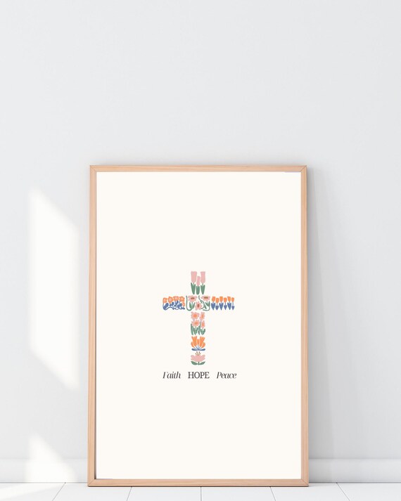 Faith Hope Peace Floral Cross Minimalist Christian Wall Art Decor