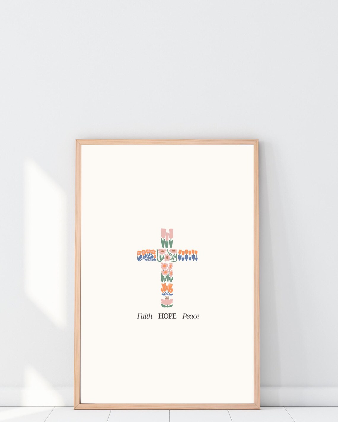 Faith Hope Peace Floral Cross Minimalist Christian Wall Art Decor