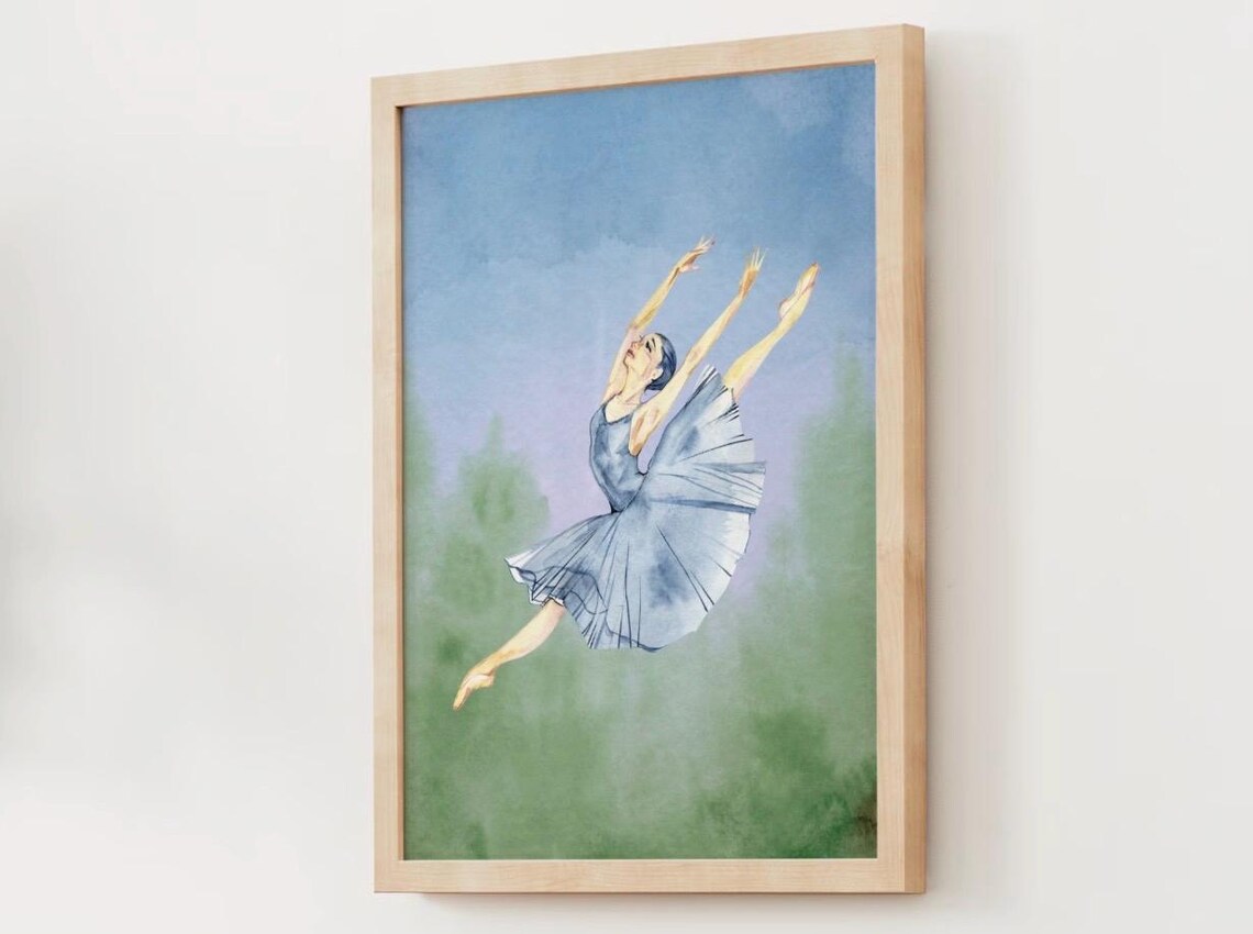 Watercolor Ballerina Caught Mid Leap In Flowing Blue Tutu Dance Poster - Image 3