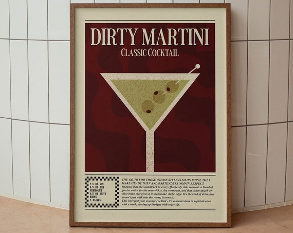 Dirty Martini Art Cocktail Poster Funny Bar Cart Art Retro Home Decor Cocktail Art Dorm Poster 70s Decor Cocktail Wall Art Kitchen Decor