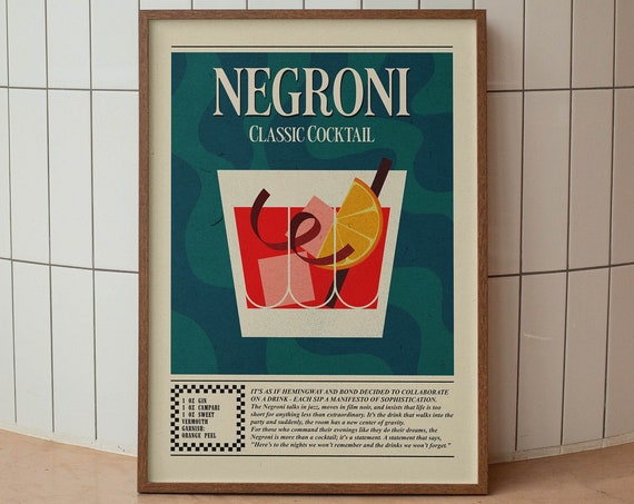 Negroni Print Cocktail Poster Funny Bar Cart Art Retro Home Decor Cocktail Art Dorm Poster 70s Decor Cocktail Print Aesthetic Room Decor