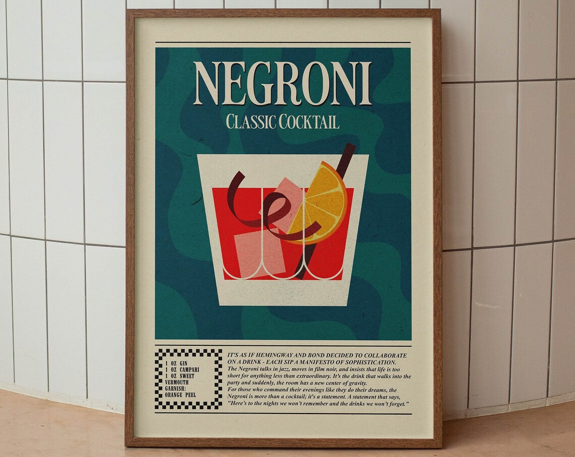 Negroni Classic Cocktail Vintage Recipe Art Bar Cart Decor Print