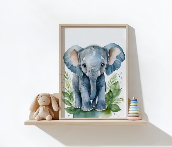 Watercolor Baby Elephant Green Leaves Safari Nursery Art Poster