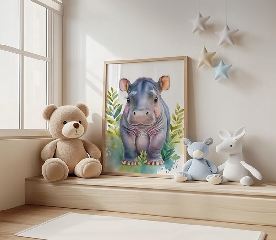 Watercolor Baby Hippo Safari Animal Nursery Wall Decor Poster