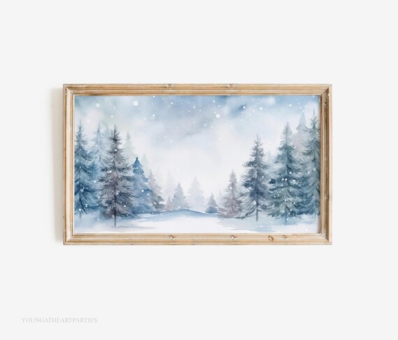 Blue Winter Forest Watercolor Snowy Pines Holiday Frame TV Wall Art