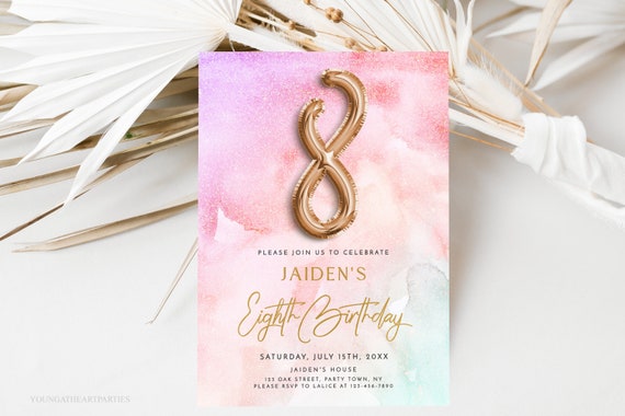 Rainbow Pastel 8th Birthday Invitation Template Rainbow Sky Watercolor Eighth Birthday Invite Gold Foil Girls 8th Birthday Invitation