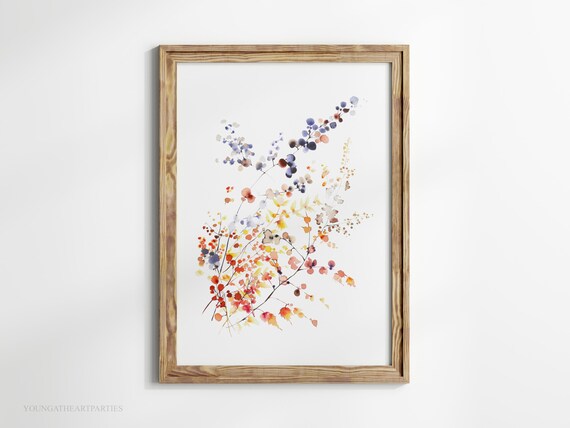 Minimalist Autumn Branch Watercolor Art Print Blue Berry Wall Decor