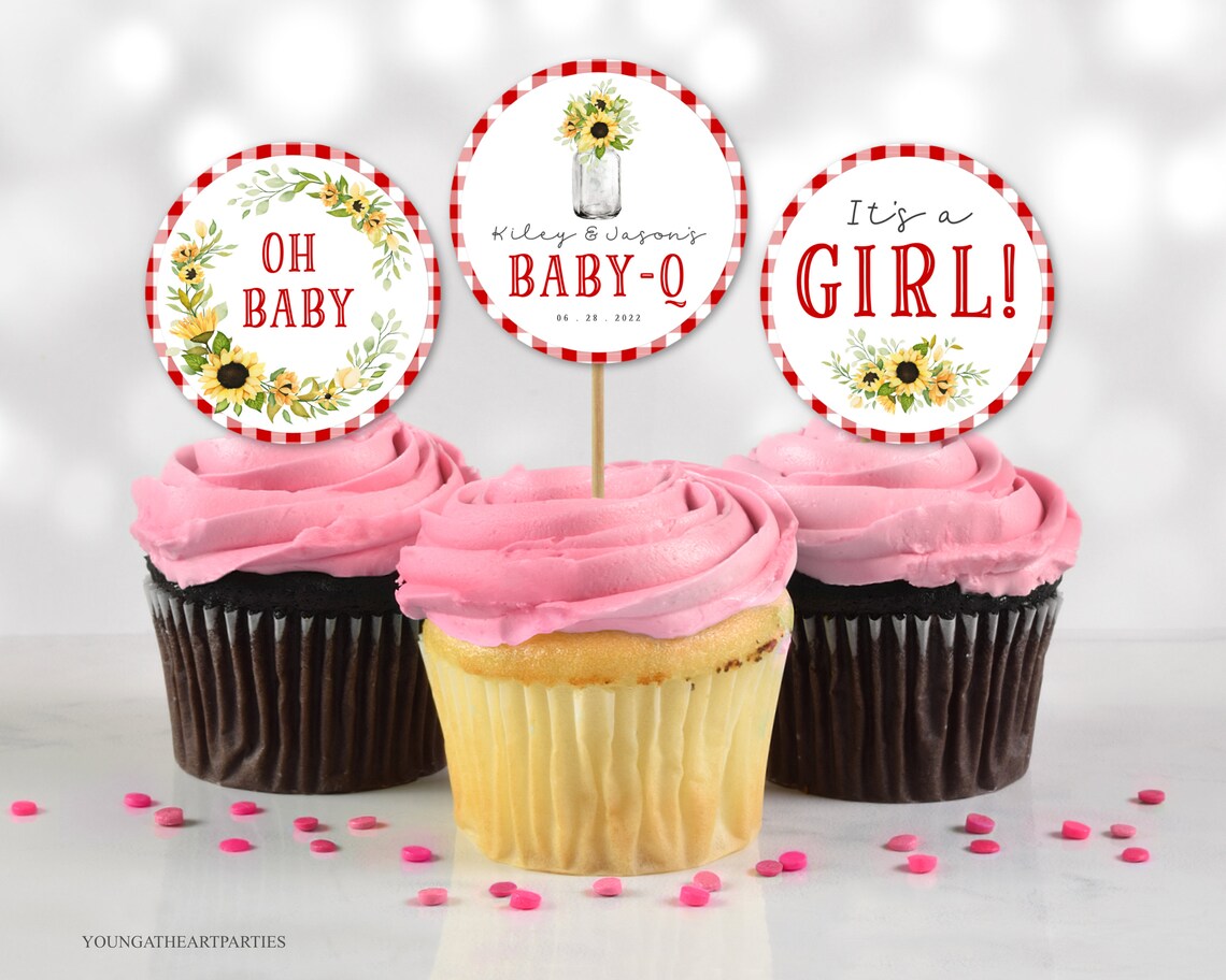 Red Gingham Sunflower Baby-Q Girl Cupcake Toppers Party Decor Print
