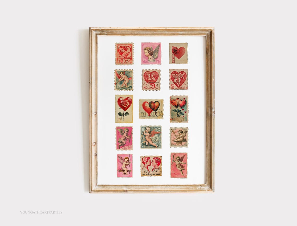 Vintage Valentine Postage Stamp Collage Romantic Love Wall Art - Image 3