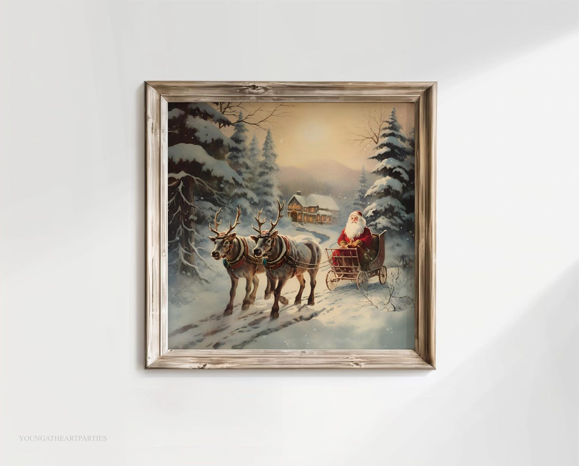 Vintage Santa Sleigh Reindeer Snowy Forest Christmas Wall Art - Image 5
