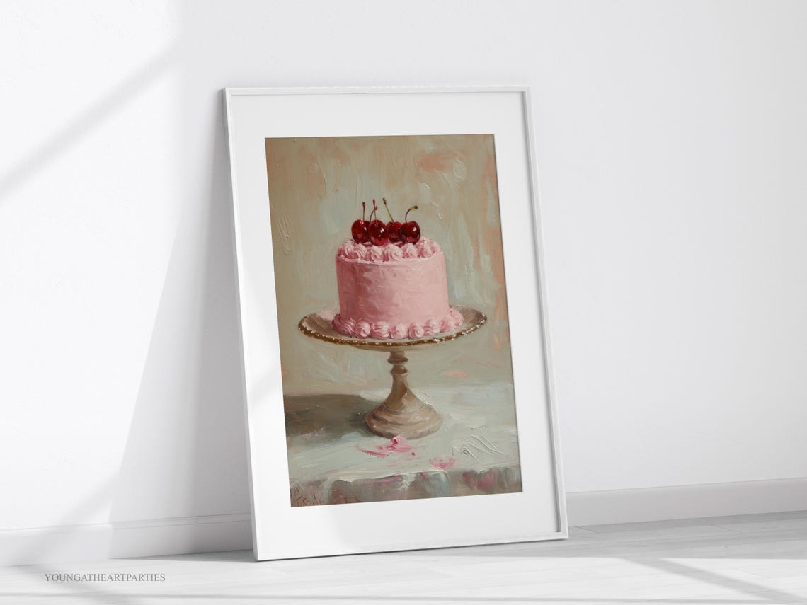 Cherry Cake Oil Painting Art Print Coquette Cake Art Print Trendy Cute Pink Wall Art Vintage Coquette Cake Food Illustration Painting - Image 6