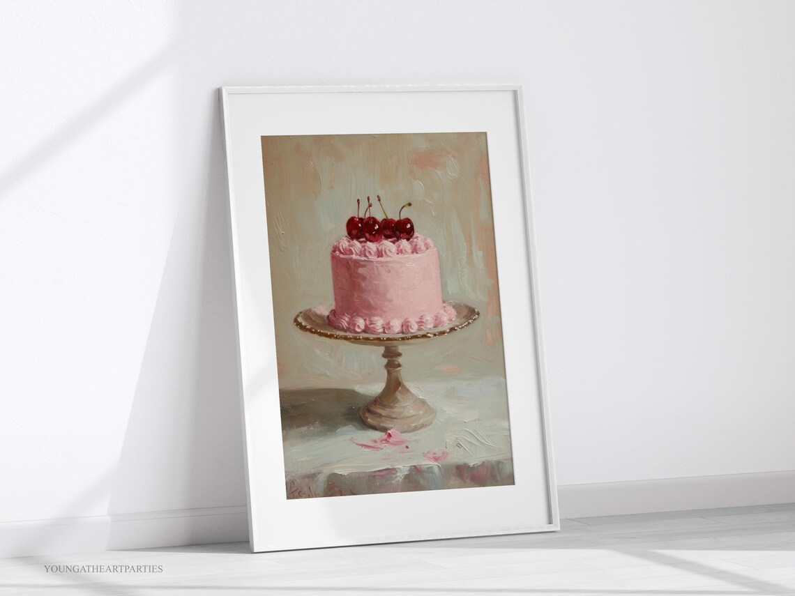 Pink Cherry Cake Oil Painting Coquette Bakery Kitchen Art Print - Image 6