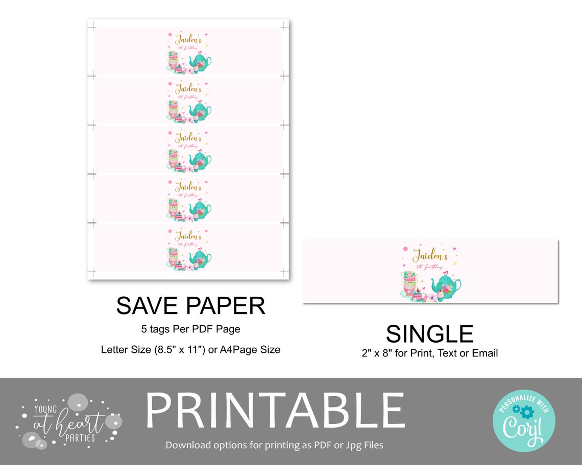 Whimsical Tea Party Water Bottle Labels Birthday Decor Print - Image 2