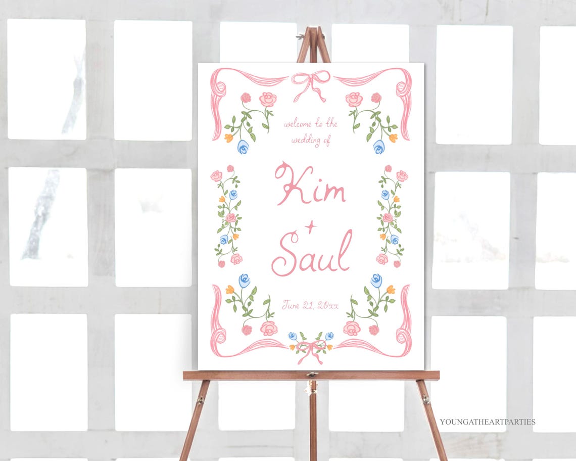 Whimsical Pink Floral Garden Wedding Welcome Sign Template Print