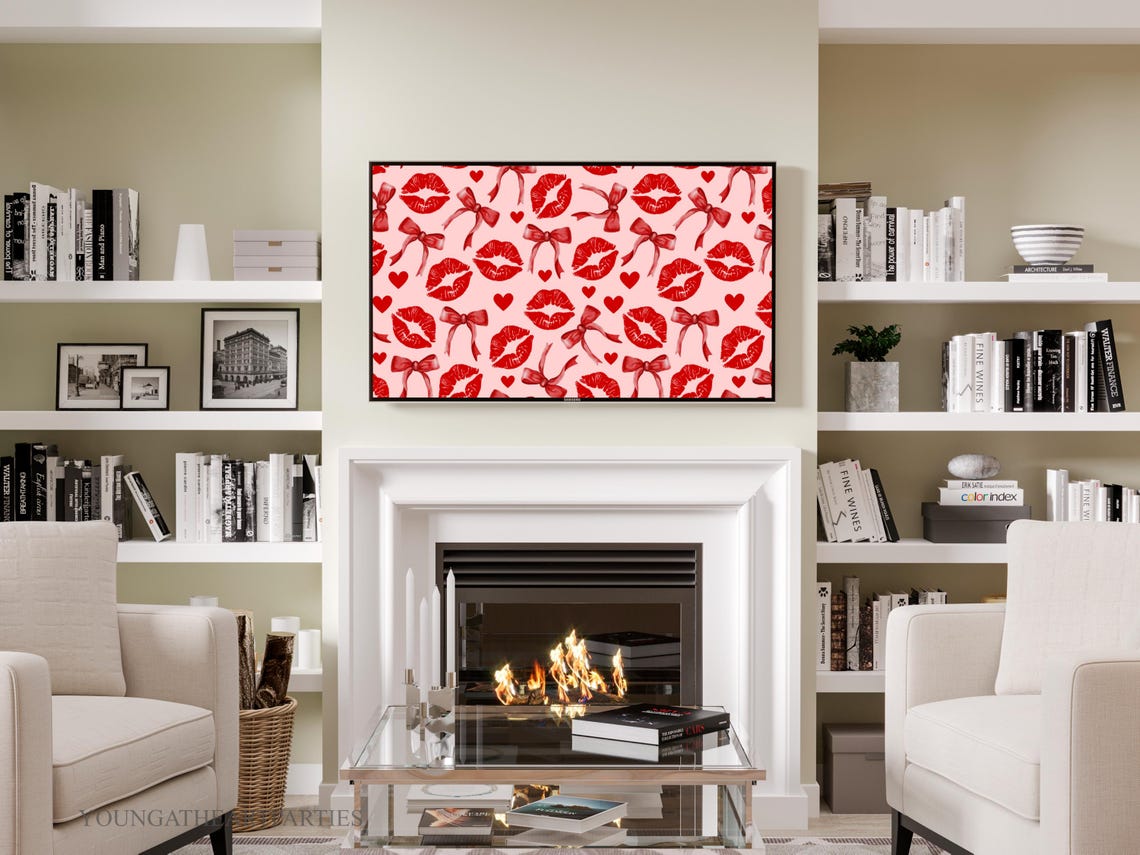 Coquette Girly Red Lips and Bows Pattern Pink Valentine Poster - Image 6
