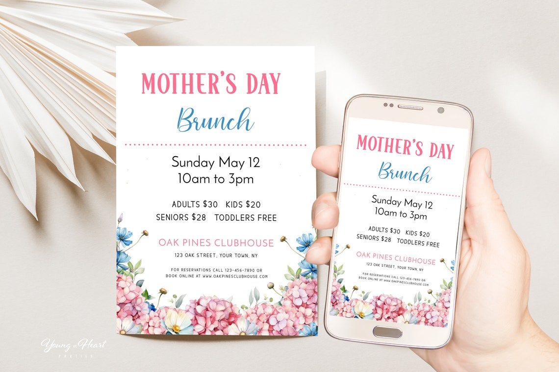 Pink Hydrangea Mothers Day Brunch Flyer Template Blue Floral Print - Image 4
