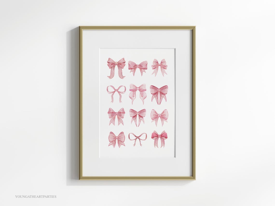 Trendy Pink Bows Watercolor Coquette Collage Girls Room Wall Art - Image 3