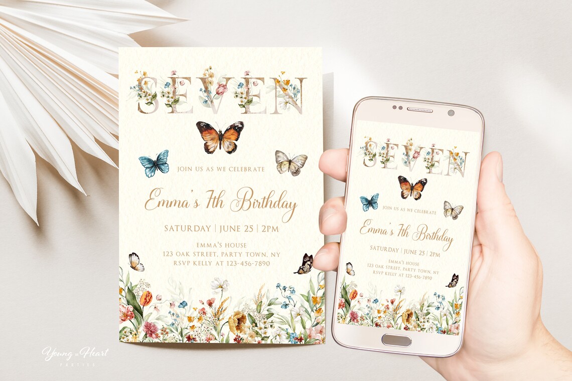 Wildflower 7th Birthday Invitation Butterfly Floral SEVEN Party Print - Image 4