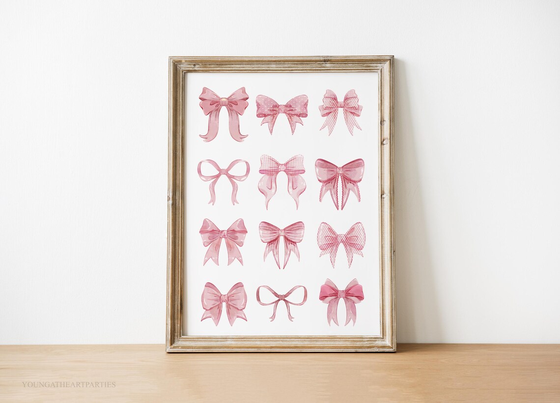 Trendy Pink Bows Watercolor Coquette Collage Girls Room Wall Art
