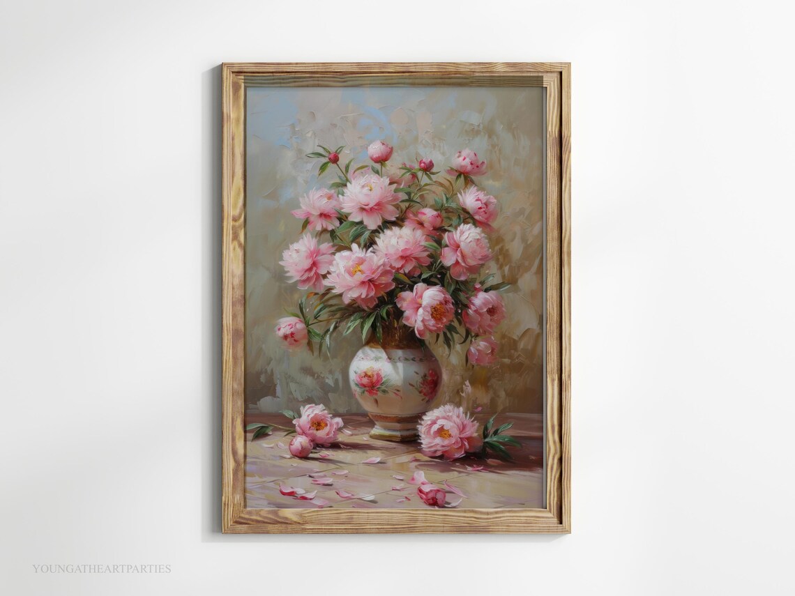 Pink Peonies Oil Painting Bouquet Vase Floral Still Life Art Print - Image 4