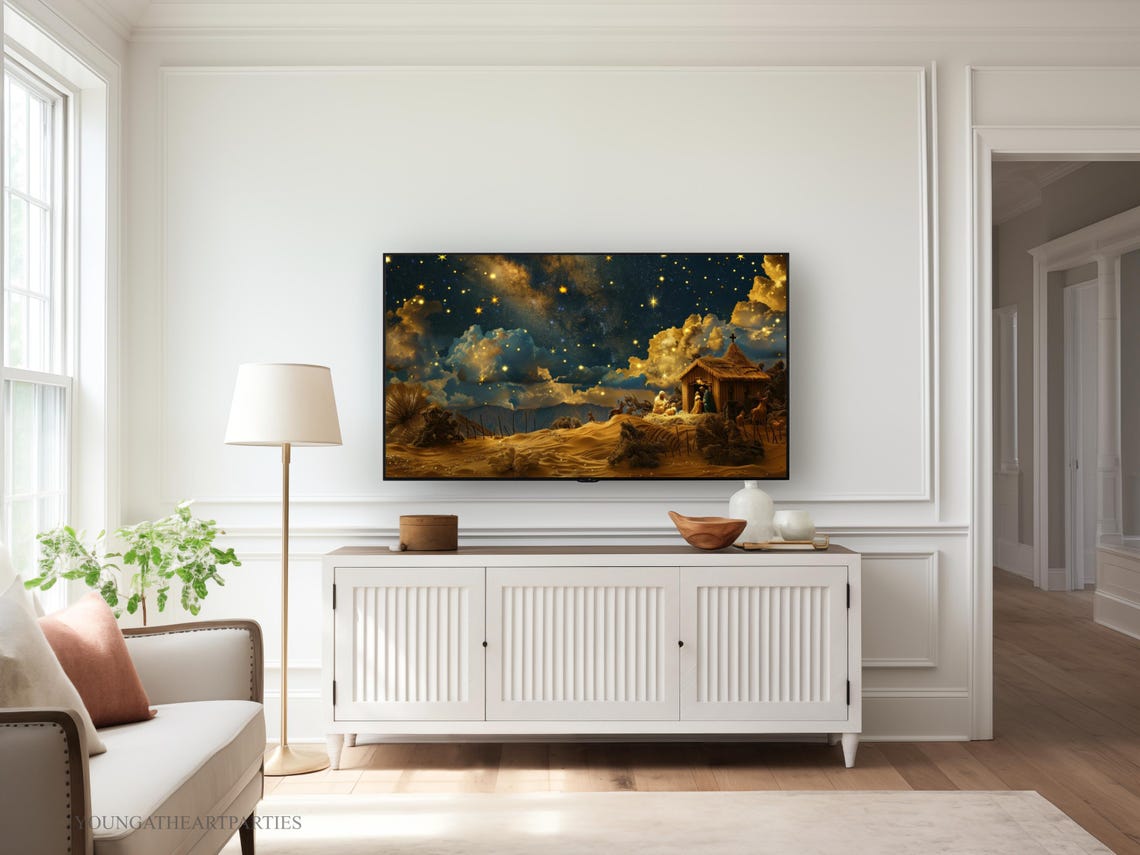 Golden Starry Night Nativity Scene Christmas Frame TV Wall Art - Image 5