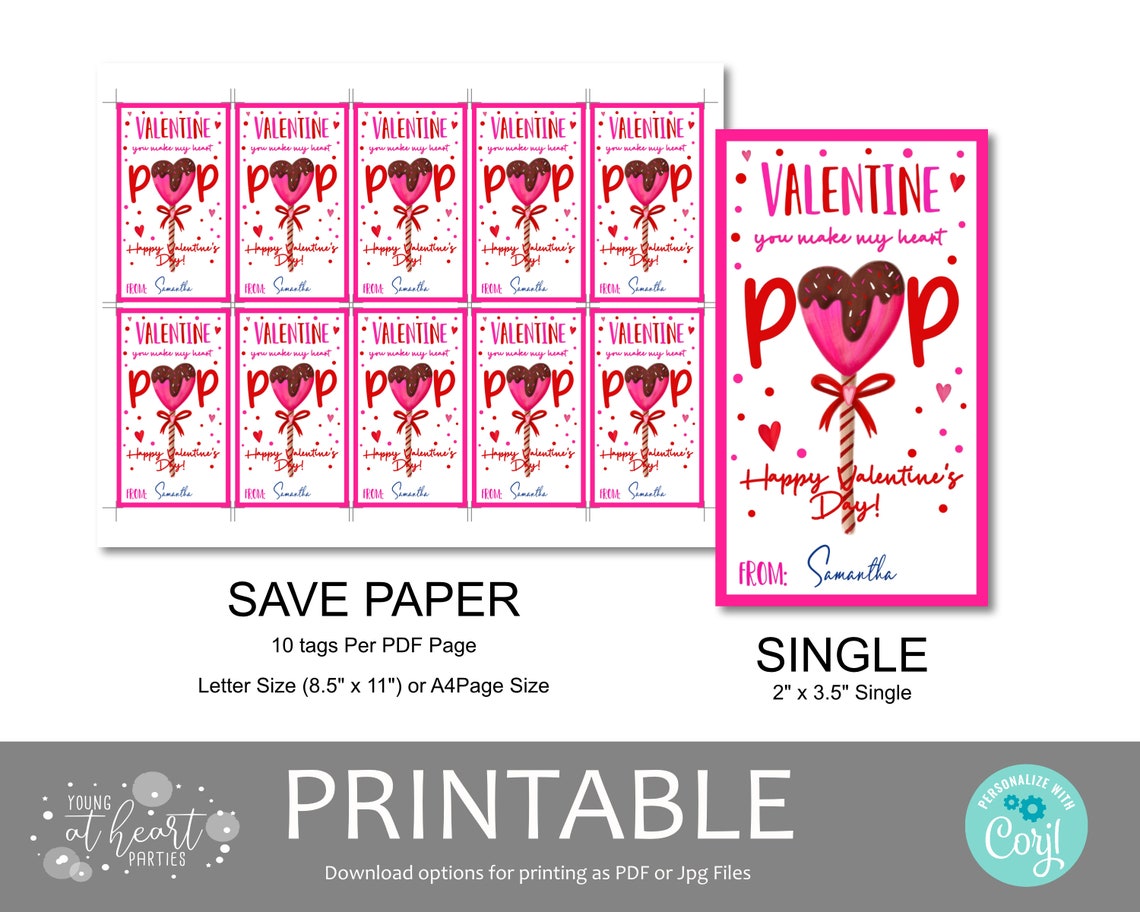 Valentine You Make My Heart Pop Chocolate Lollipop Gift Tag Print - Image 2