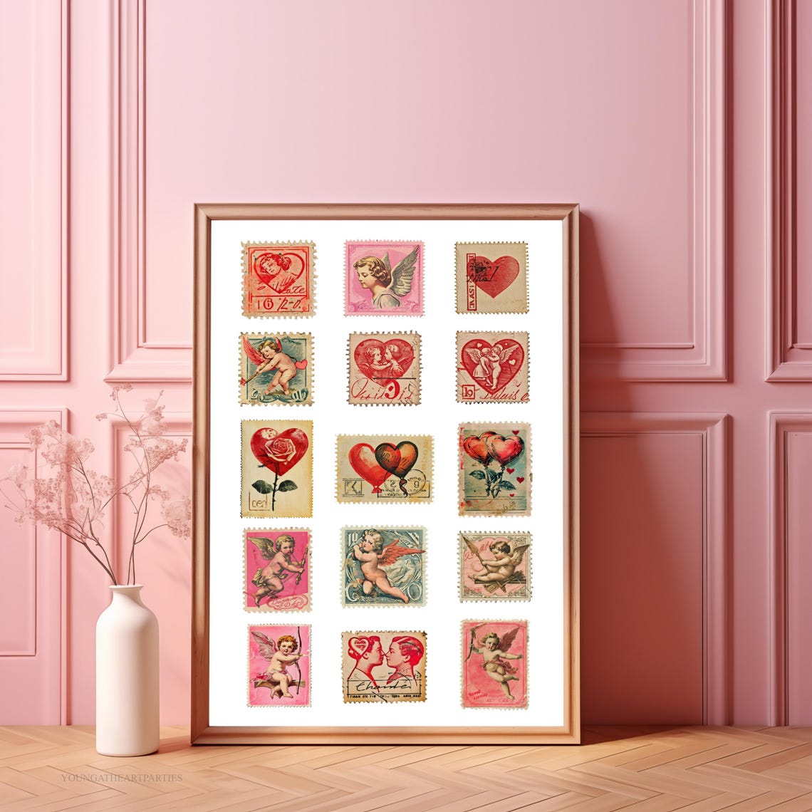Vintage Valentine Postage Stamp Collage Romantic Love Wall Art - Image 2