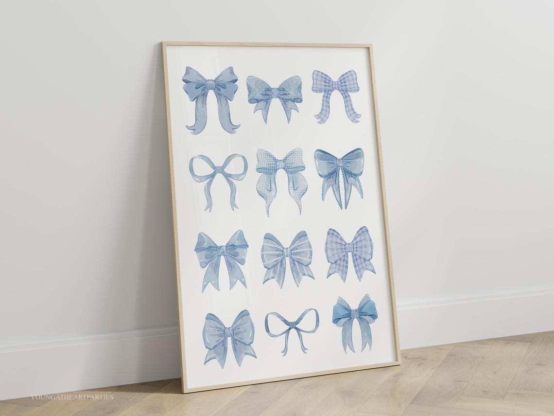 Blue Watercolor Bow Grid Coquette Nursery Decorative Art Poster - Image 5